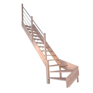 Gewendelte StarWood Treppe Rhodos aus Buche mit Edelstahl-Geländer (rechts).