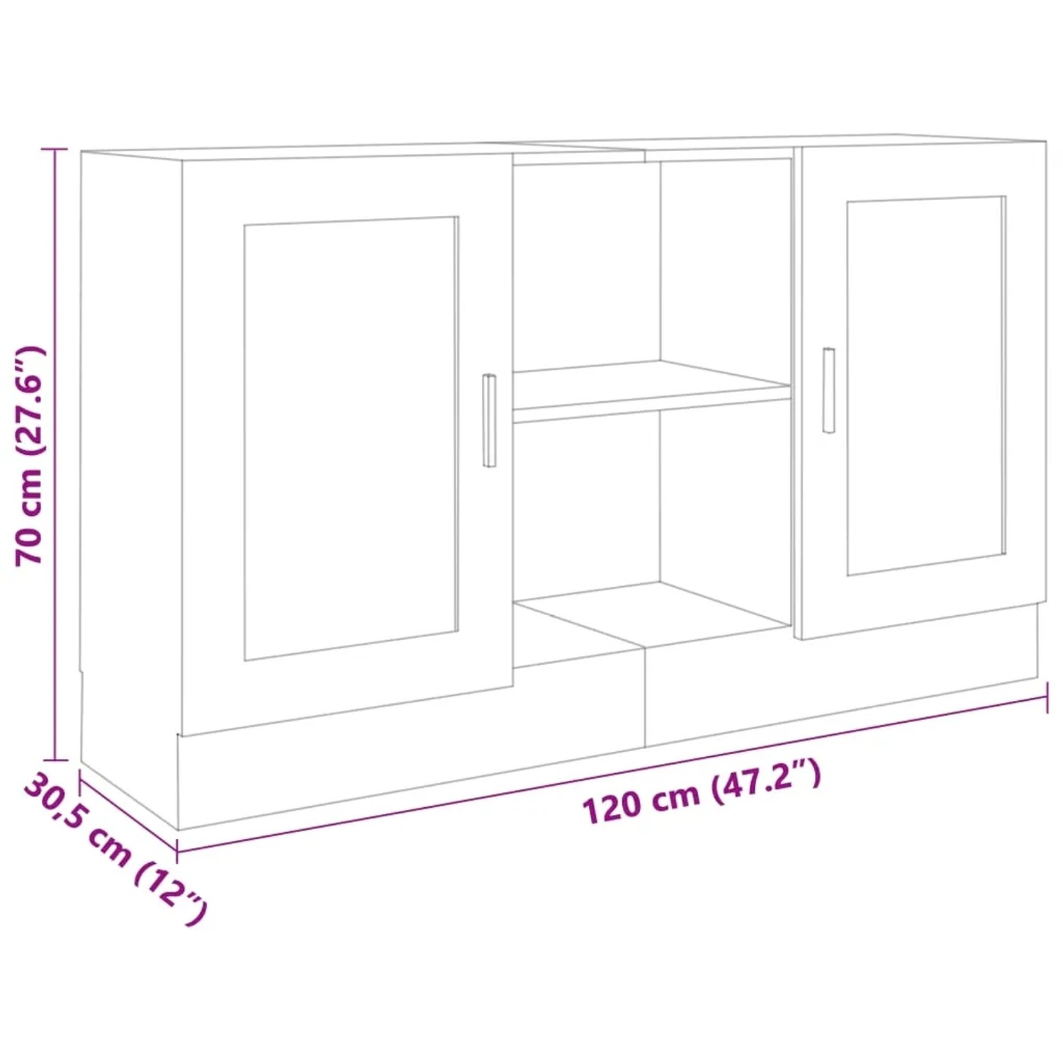 Weißes Sideboard (120x30,5x70 cm) aus Holzwerkstoff für Wohnzimmer.