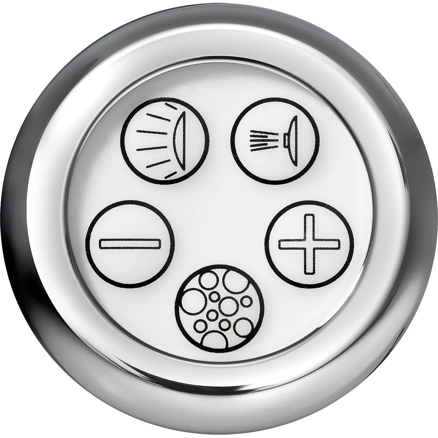 Bedienelement für Whirlpool-Badewanne mit Symbolen für Licht, Düsen und Intensität.