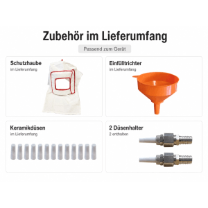 AEROCAP 801 Sandstrahlgerät Set Zubehör: Schutzhaube, Einfülltrichter, Keramikdüsen, Düsenhalter.