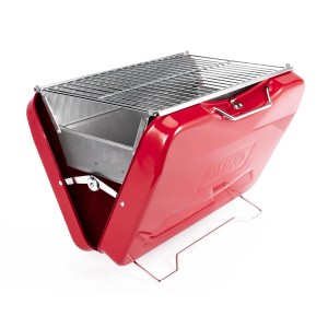 Roter Taino Mox Koffer-Grill, Holzkohlegrill für Camping und BBQ, kompakt und mobil.