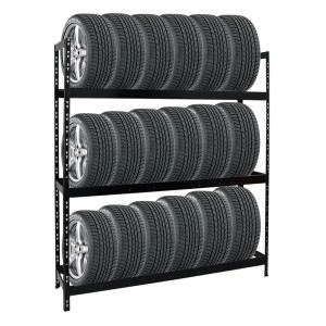 Schwarzes PROREGAL Reifenregal Tiger XL mit 21 Reifen auf 3 Ebenen.
