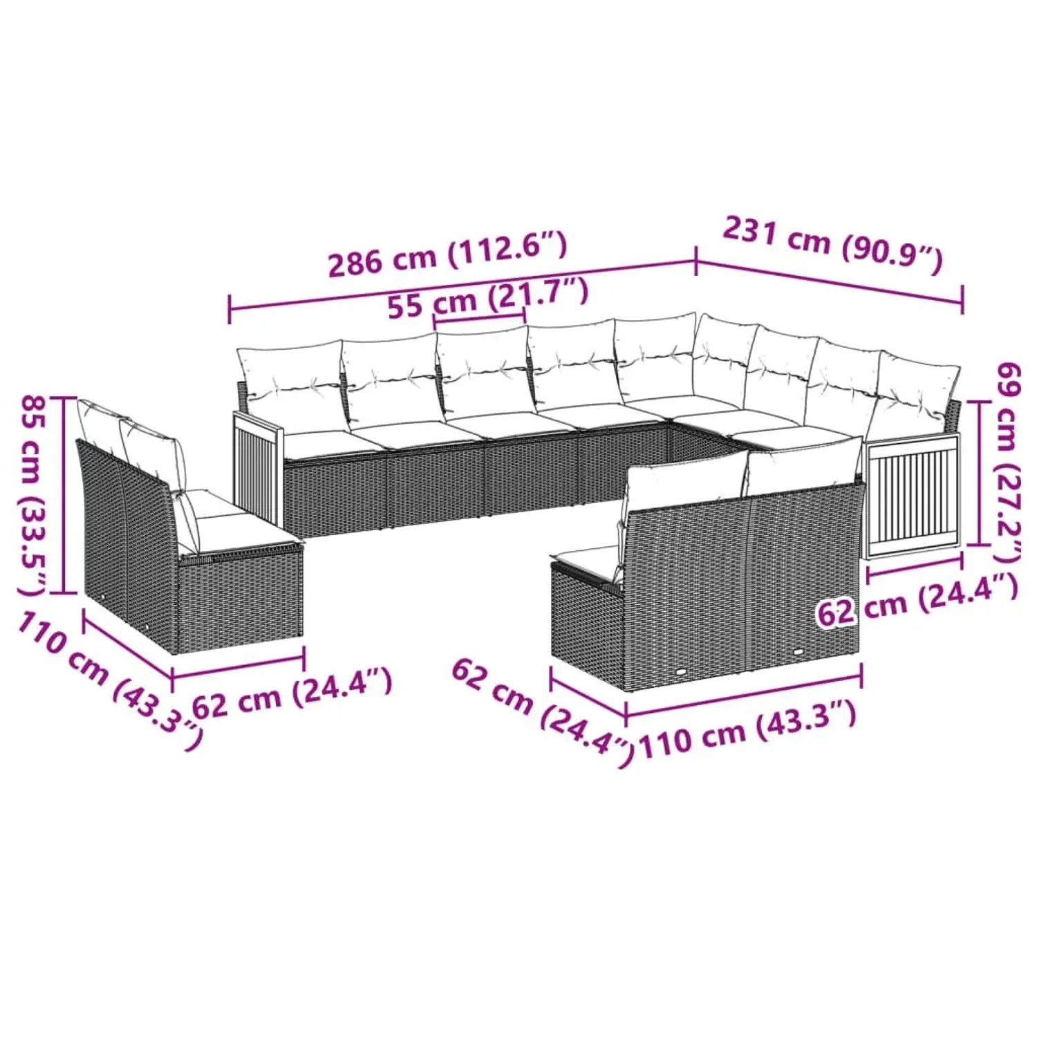 vidaXL 12-tlg. Garten-Sofagarnitur Grau Poly Rattan mit Kissen, Maße dargestellt.
