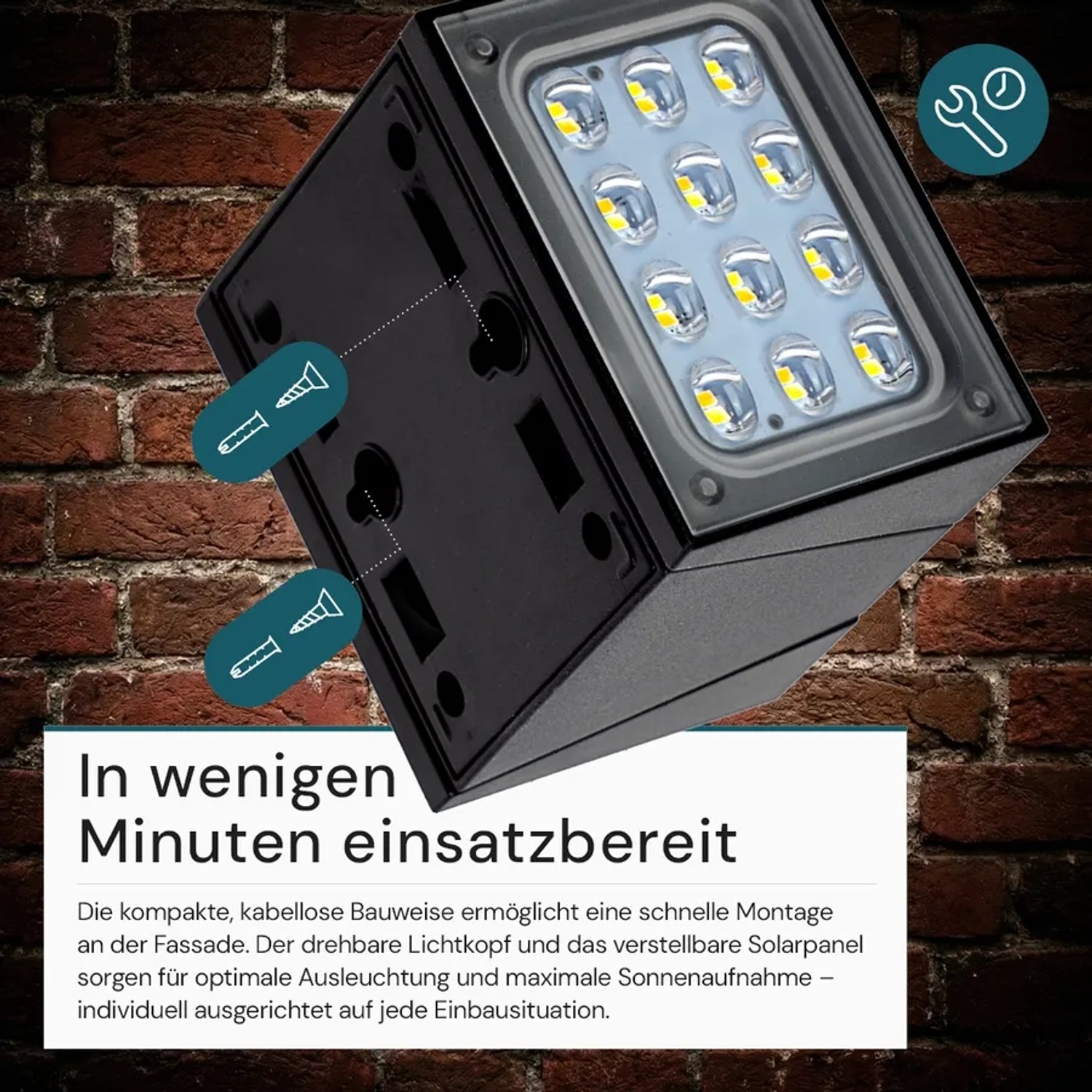 Schwarze LUXULA Solar Wandleuchte mit LED und Bewegungsmelder zur einfachen Montage an der Hauswand.