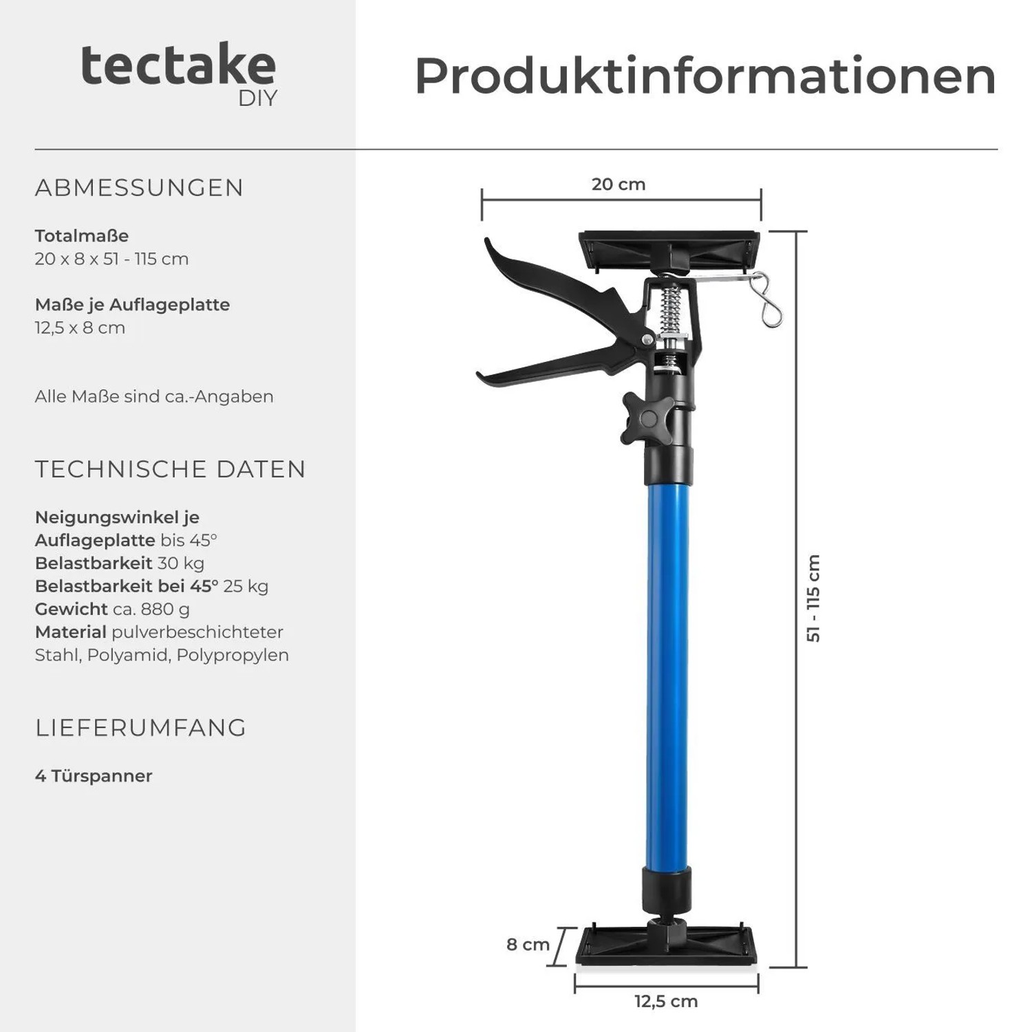 Tectake Türspanner 4er Set, blau, stufenlos höhenverstellbar von 51 bis 115 cm.