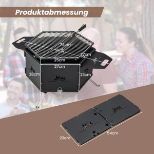 COSTWAY Holzkohlegrill mit drehbarem Grillrost und Feuerschale, Maße dargestellt.