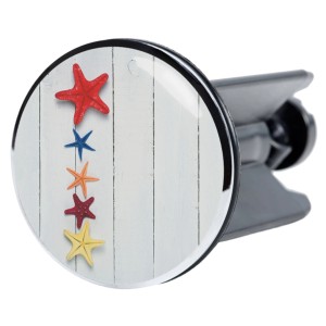 Sanilo Waschbeckenstöpsel Florida mit bunten Seesternen auf weißem Holz.