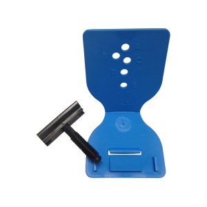 Leistenclip Easy-Fix: Blaue Schablone und Clip zur Montage von Sockelleisten.