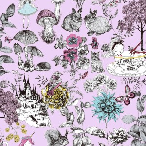 Rosa Mädchenzimmer Vliestapete mit Waldtieren, Hasen, Vögeln und Märchenmotiven.