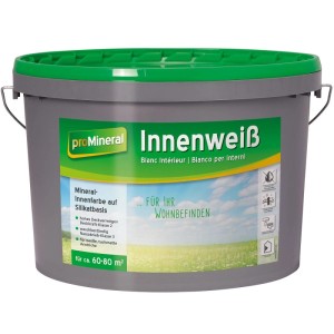 Grauer Eimer proMineral Innenweiß 10 l mit grünem Deckel. Silikat-Wandfarbe für matte, waschbeständige Anstriche.