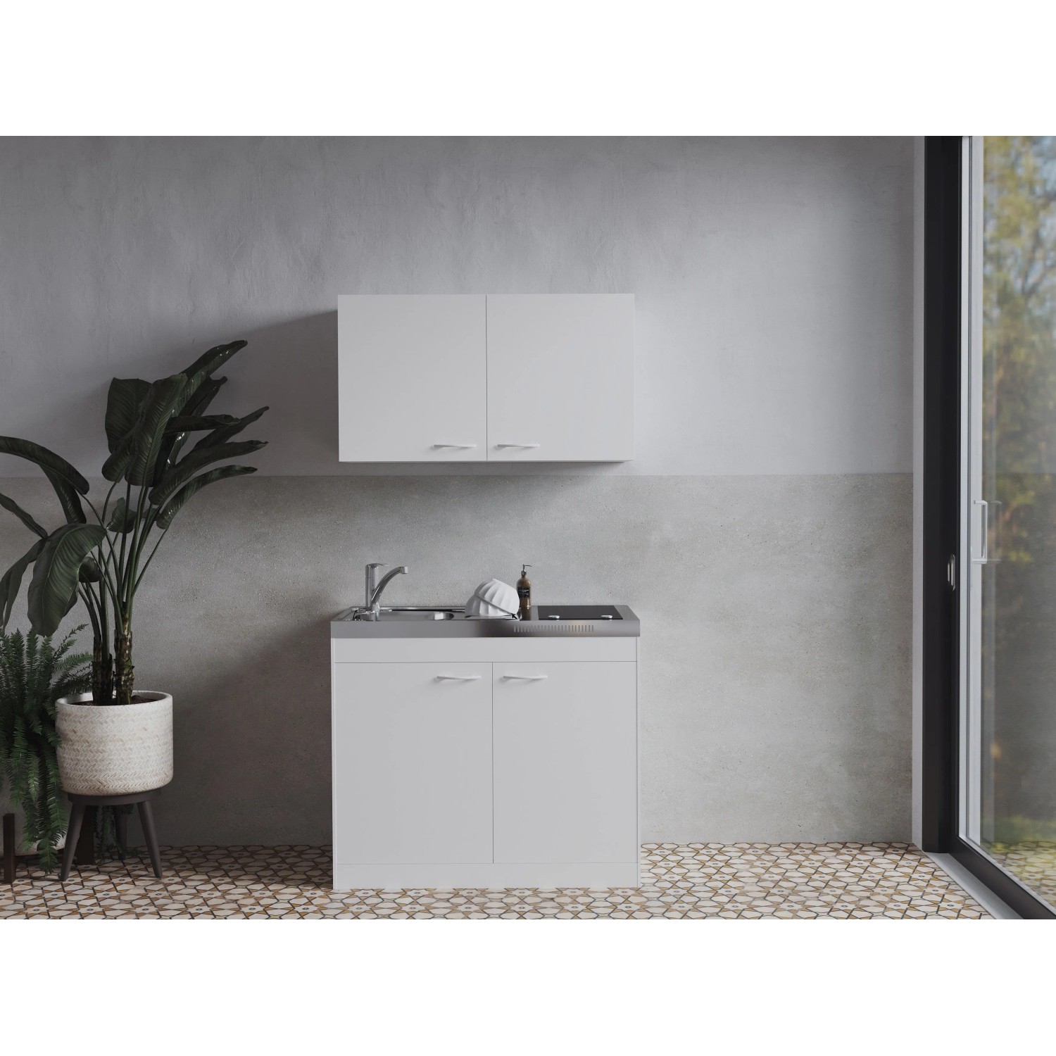 Respekta Miniküche Levin 100 cm, mit Glaskeramikkochfeld + Oberschrank