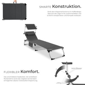 Tectake Aluminium Sonnenliege Lorella Gepolstert  Klappbar Wetterfest und Uv Beständig  200 x 60 50 x 115 cm Grau