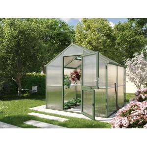 Tannengrünes KGT Gewächshaus Iris II (2,33x2,17m) mit geöffneter Tür im Garten.