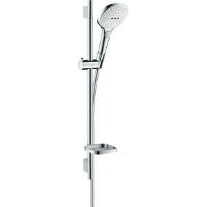 Hansgrohe Raindance Select E 120 Brauseset mit Brausestange, Handbrause und Seifenschale in Weiß/Chrom.