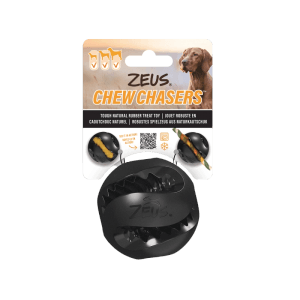 Schwarzer Zeus ChewChasers Treat Ball, ein robustes Intelligenzspielzeug für Hunde.