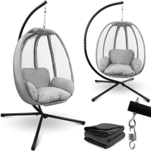 Graue deluxe4home Hängesessel mit Gestell, Kuscheldecke für Indoor & Outdoor.