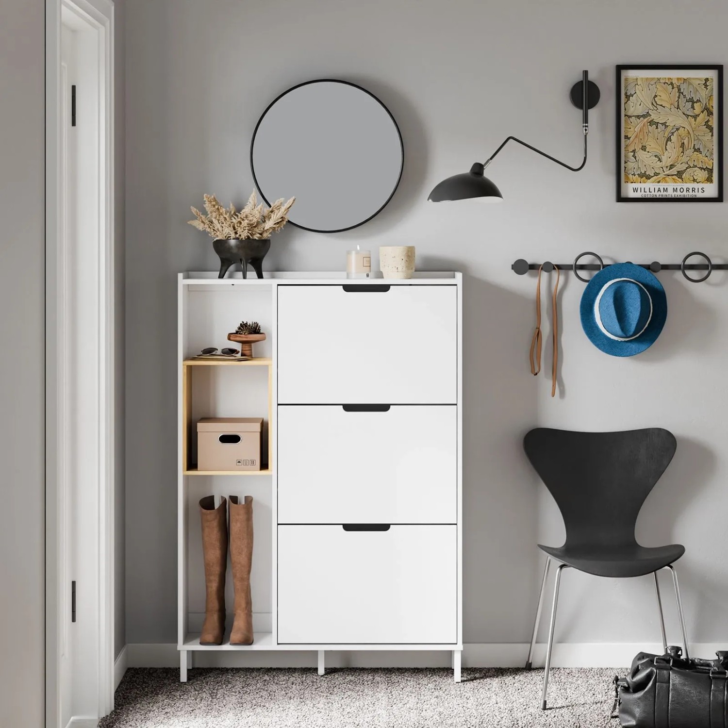 Weißer SoBuy Schuhschrank schmal mit 3 Klappen und offenem Regal für Flur. Platzsparende Schuhkommode mit Bambus-Akzenten.