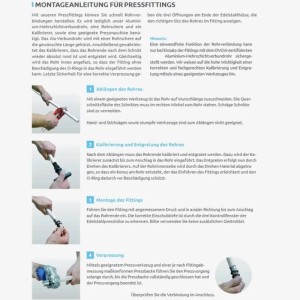 Montageanleitung für Pressfittings: Schritte zum Ablängen, Kalibrieren, Montieren und Verpressen von Rohren.