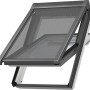 Velux Elektro Markise in Schwarz für Dachfenster, teilweise geöffnet.