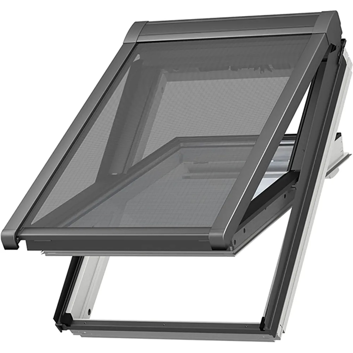 Velux Elektro Markise in Schwarz für Dachfenster, teilweise geöffnet.