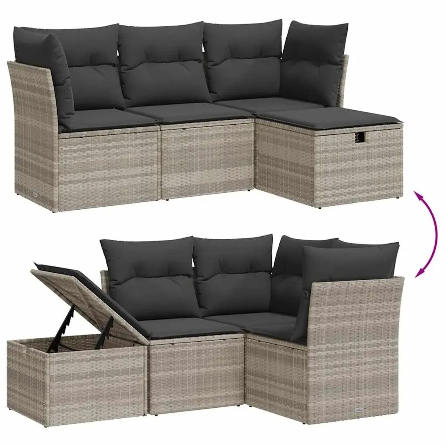 Hellgraue 4-tlg. Garten-Sofagarnitur aus Polyrattan mit grauen Kissen. Eck- und Mittelsofa sowie Hocker mit Stauraum.