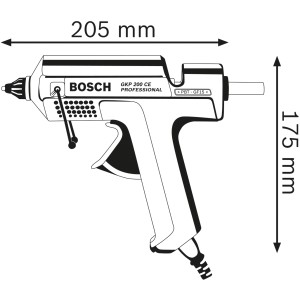 Skizze der Bosch Professional GKP 200 CE Klebepistole mit Maßangaben.