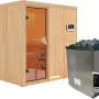 Karibu Sauna Rikka aus Fichte mit Edelstahl-Ofen und externer Steuerung. Massivholzsauna mit Glastür.