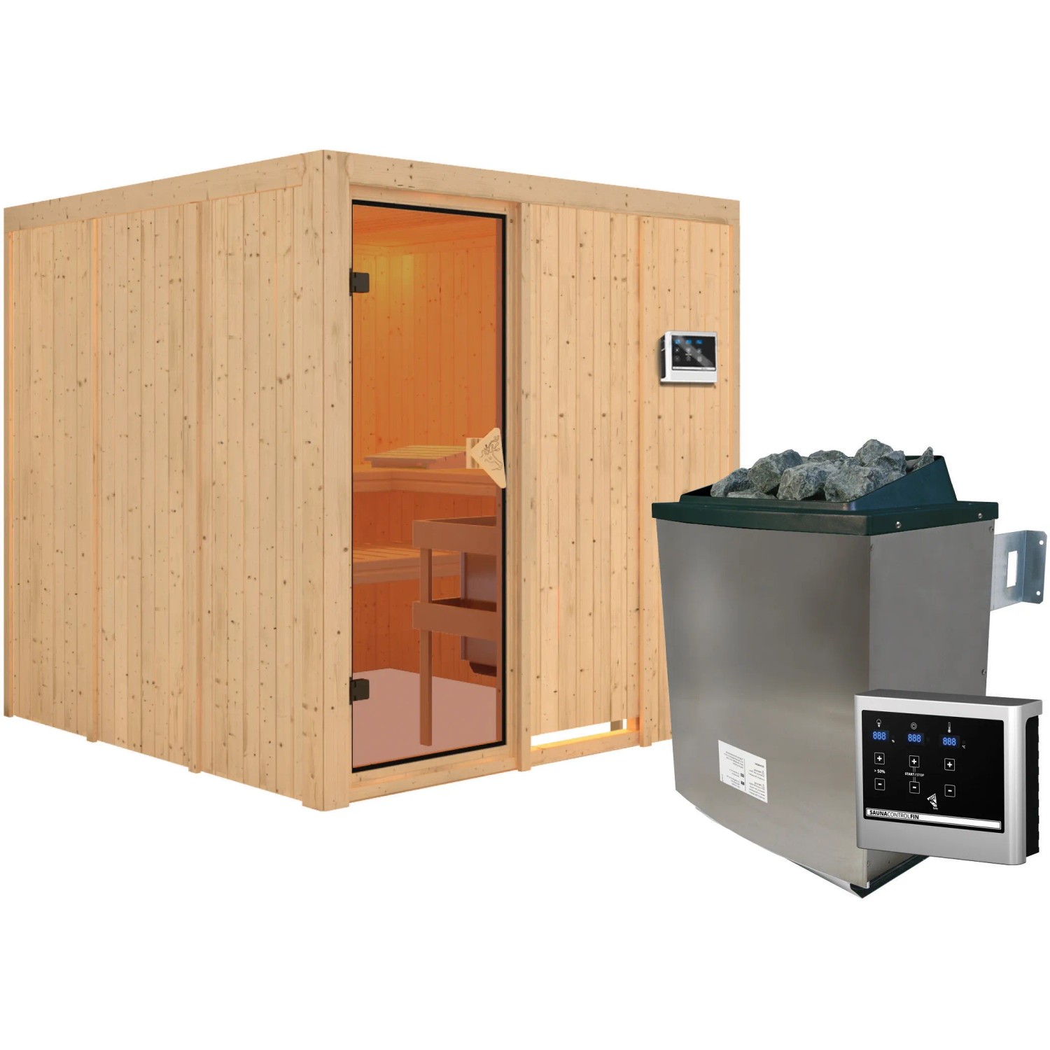 Karibu Sauna Rikka aus Fichte mit Edelstahl-Ofen und externer Steuerung. Massivholzsauna mit Glastür.