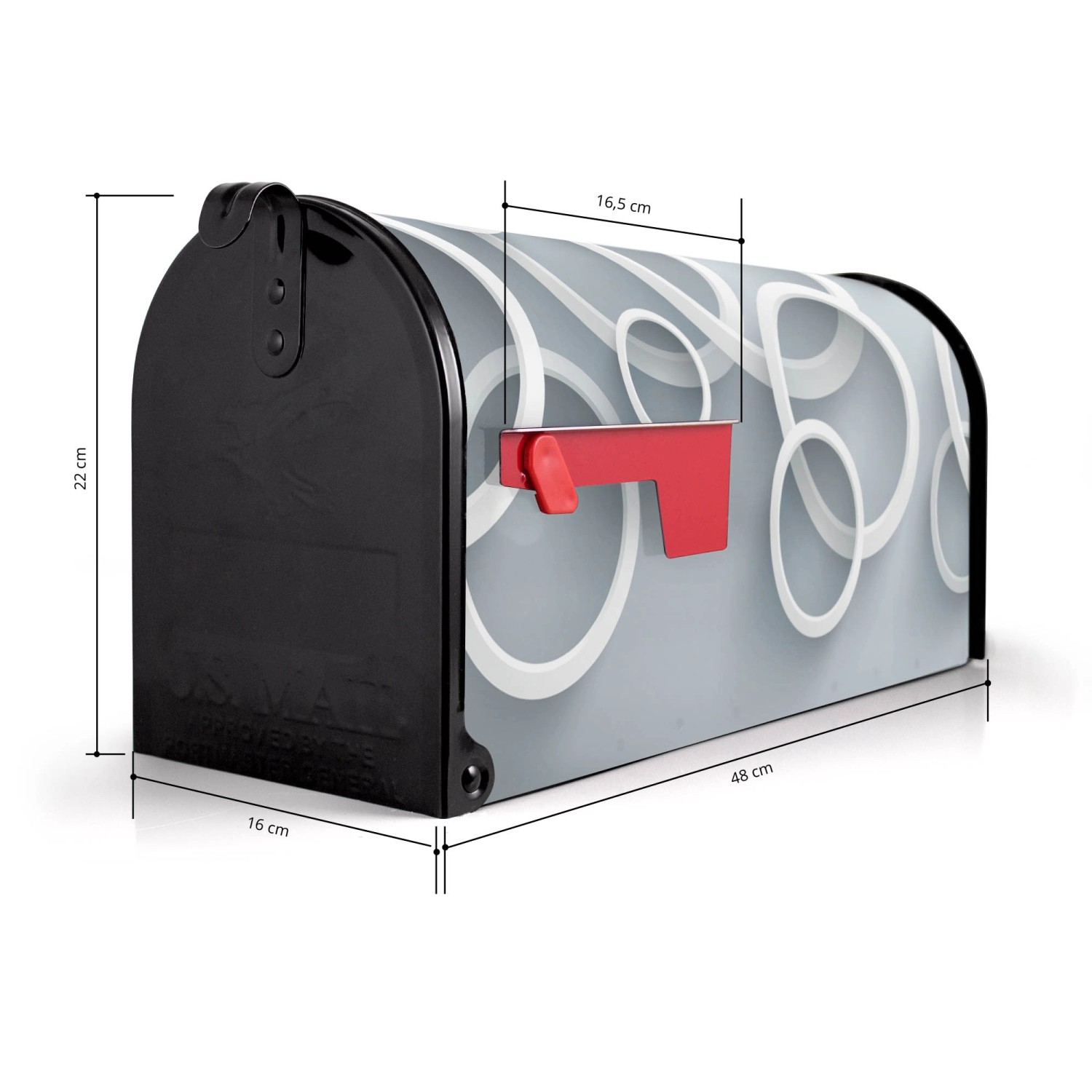 Banjado US Briefkasten Schwarz mit weißen Ringen, 48x22x16cm, Stahl, pulverbeschichtet.