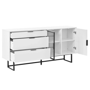 Weißes Sideboard mit 3 offenen Schubladen, Glastür und Schranktür. Schwarzes Metallgestell. Modernes Esszimmer-Buffet.