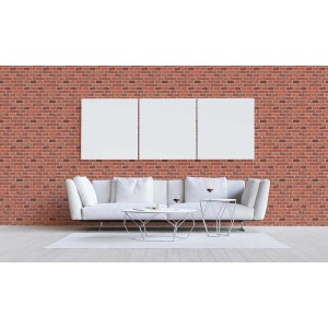 Tadessi Tapete Steinoptik Vicco rot/grau an Wohnzimmerwand.