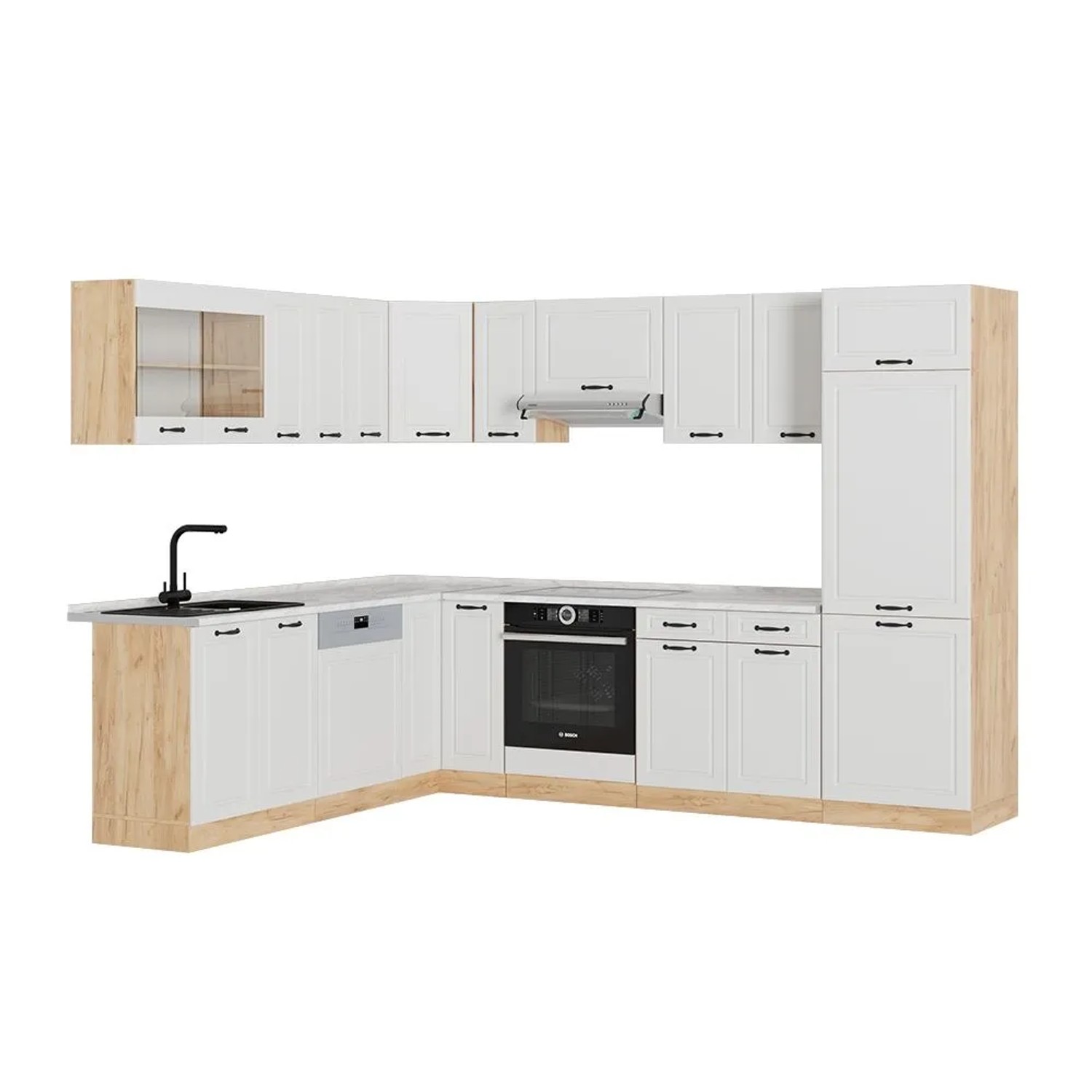Vicco Eckküche R-Line Weiß/Goldkraft Eiche 287 x 82, AP Marmor