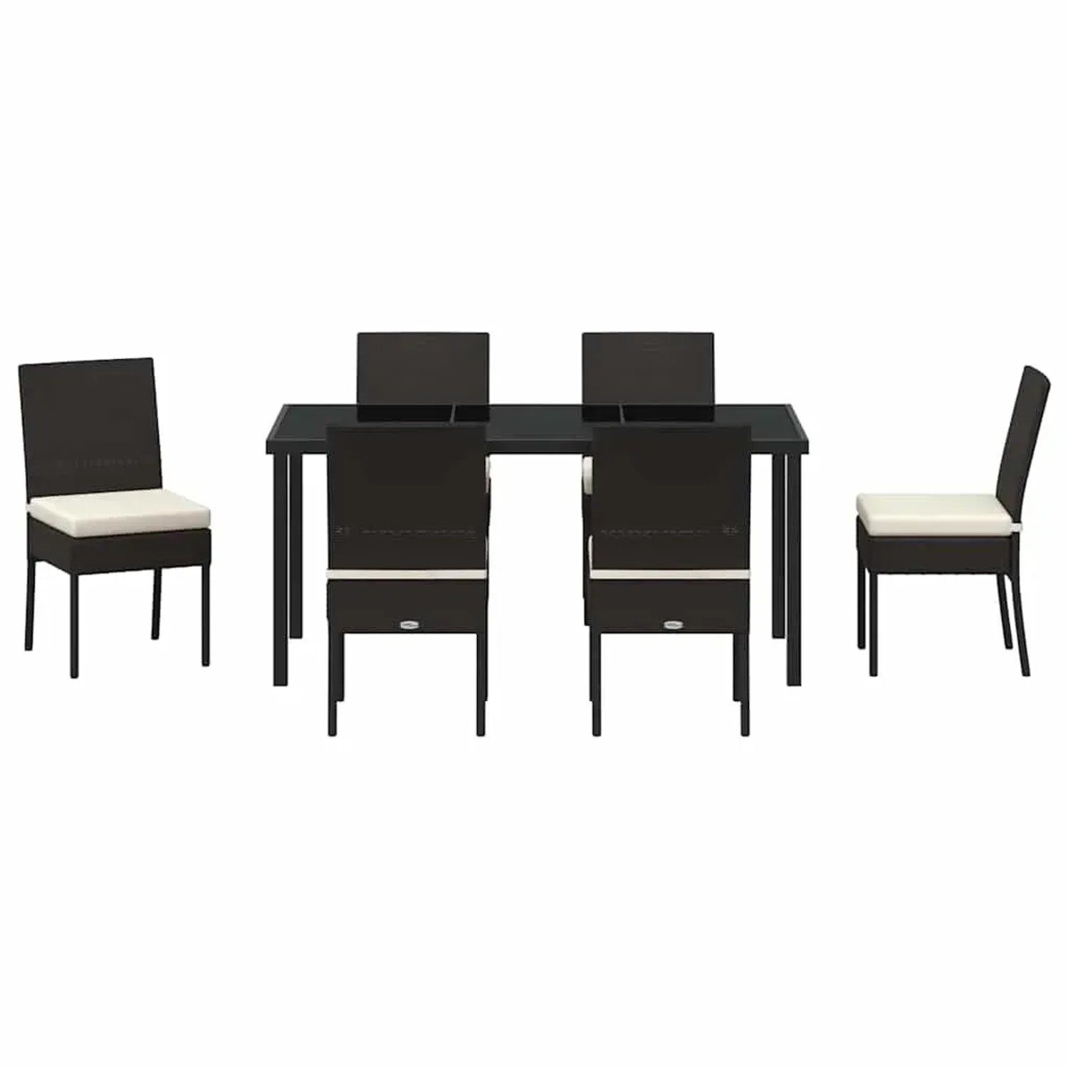 vidaXL Garten Essgruppe, 7-teilig, schwarz, Poly Rattan. Gartentisch mit 6 Stühlen und Sitzkissen.