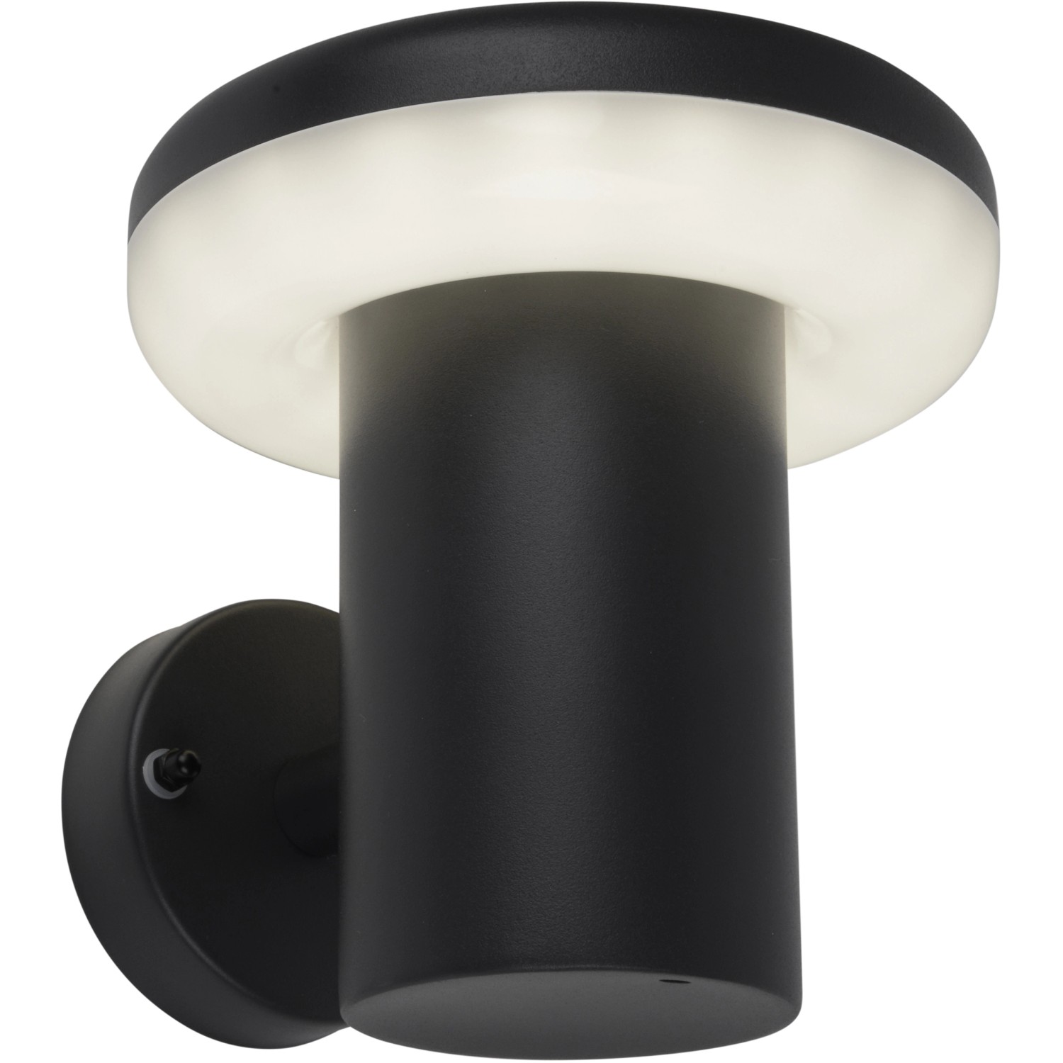 Schwarze LED-Wand-Außenleuchte im Pilzdesign für Garten und Wege.