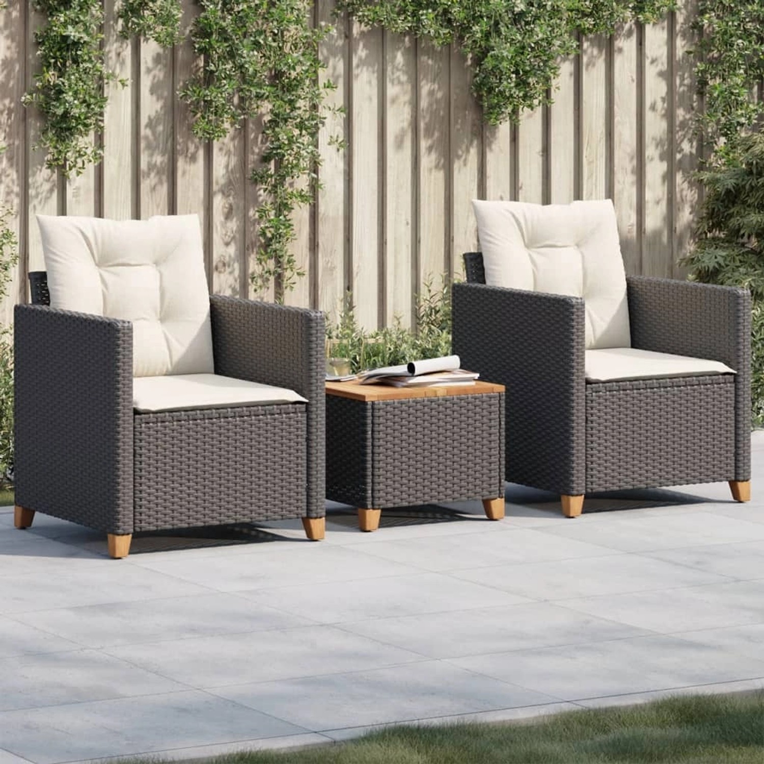 vidaXL Bistro-Set, 3-teilig, schwarz, Poly Rattan, Akazienholz, mit Kissen.