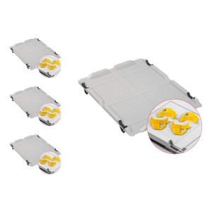 PROREGAL Spar Set: 4 graue Euroboxen mit Deckel und gelben Schiebeschnappverschlüssen. Ideal zur Aufbewahrung.