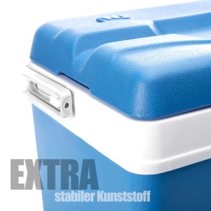 BigDean Kühlbox: Detailansicht des blauen, strukturierten Deckels mit weißem Verschluss aus robustem Kunststoff.