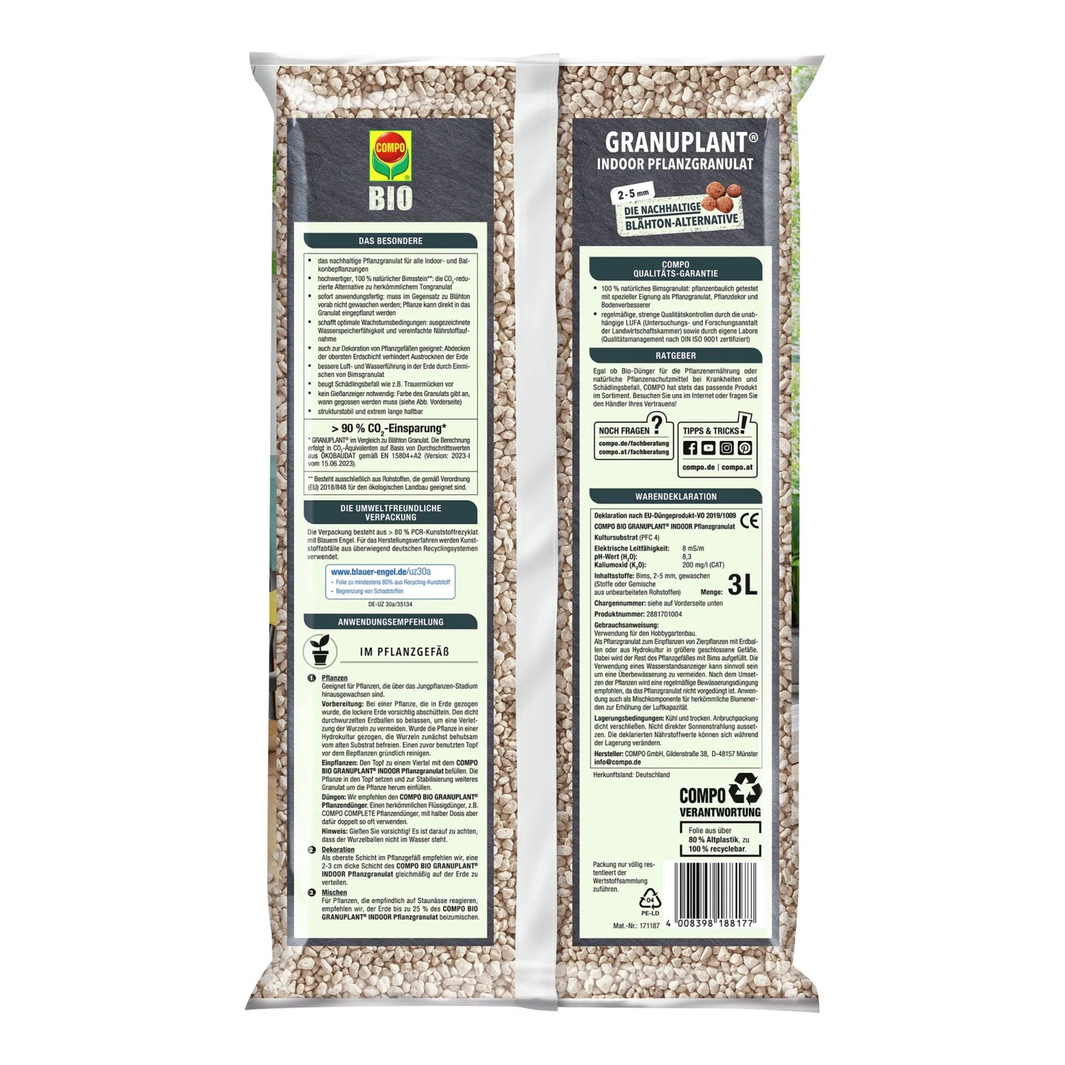 Compo Bio-Pflanzgranulat Granuplant Indoor 3 l, Pflanzsubstrat für Hydrokultur und Zimmerpflanzen.