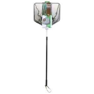 Viereckiger Velda Teich Kescher mit schwarzem Netz, grüner Biese und ausziehbarem Teleskopstiel bis 180 cm.