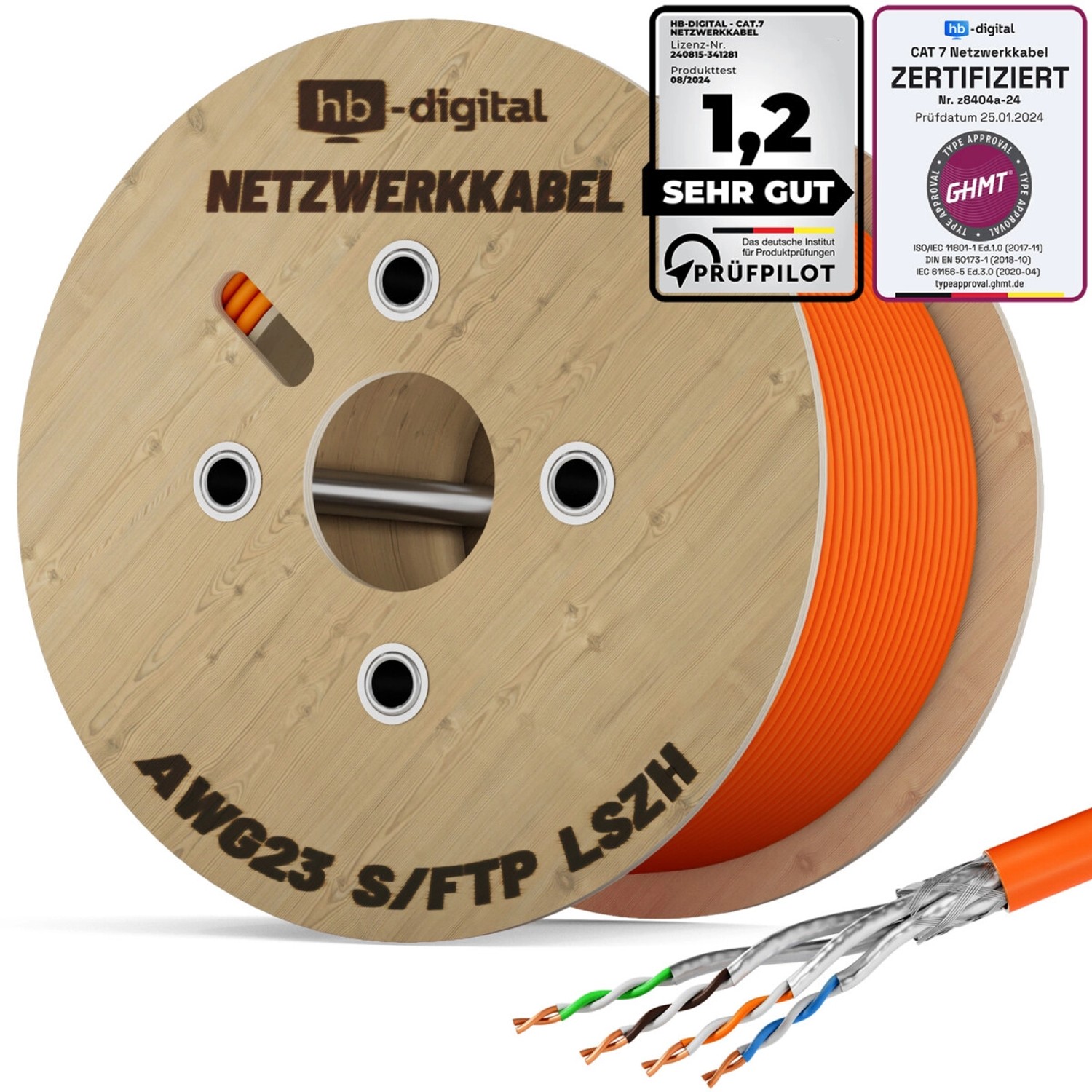 hb-digital CAT 7 Kabel Netzwerkkabel max. 1000 MHz S/FTP AWG23 LSZH 250m orange