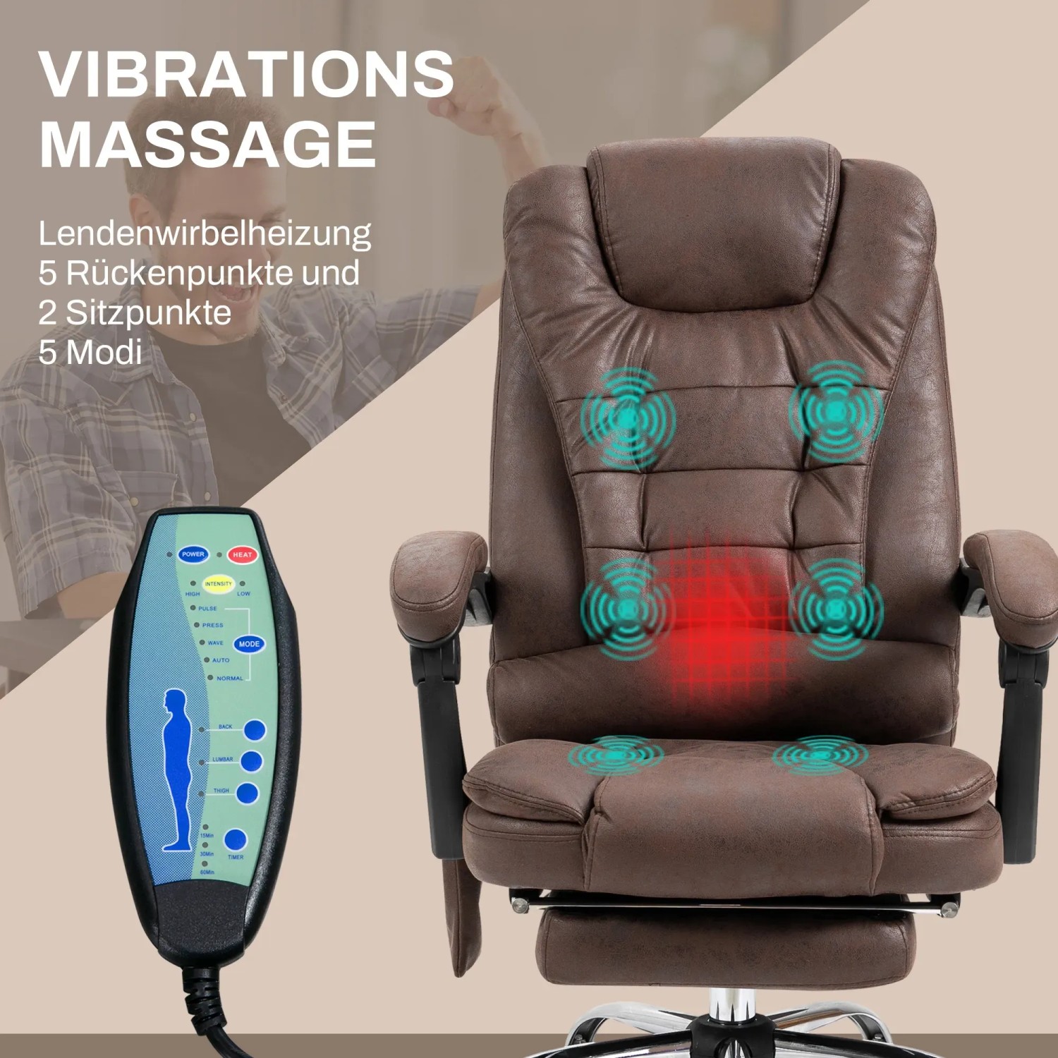 Brauner Vinsetto Bürostuhl mit Massage- und Wärmefunktion, verstellbar für optimalen Komfort.
