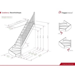 Maßzeichnung der Intercon Casablanca Massivholztreppe, rechtsgewendelt, Fichte, 60 cm, mit Geländer und Setzstufen.