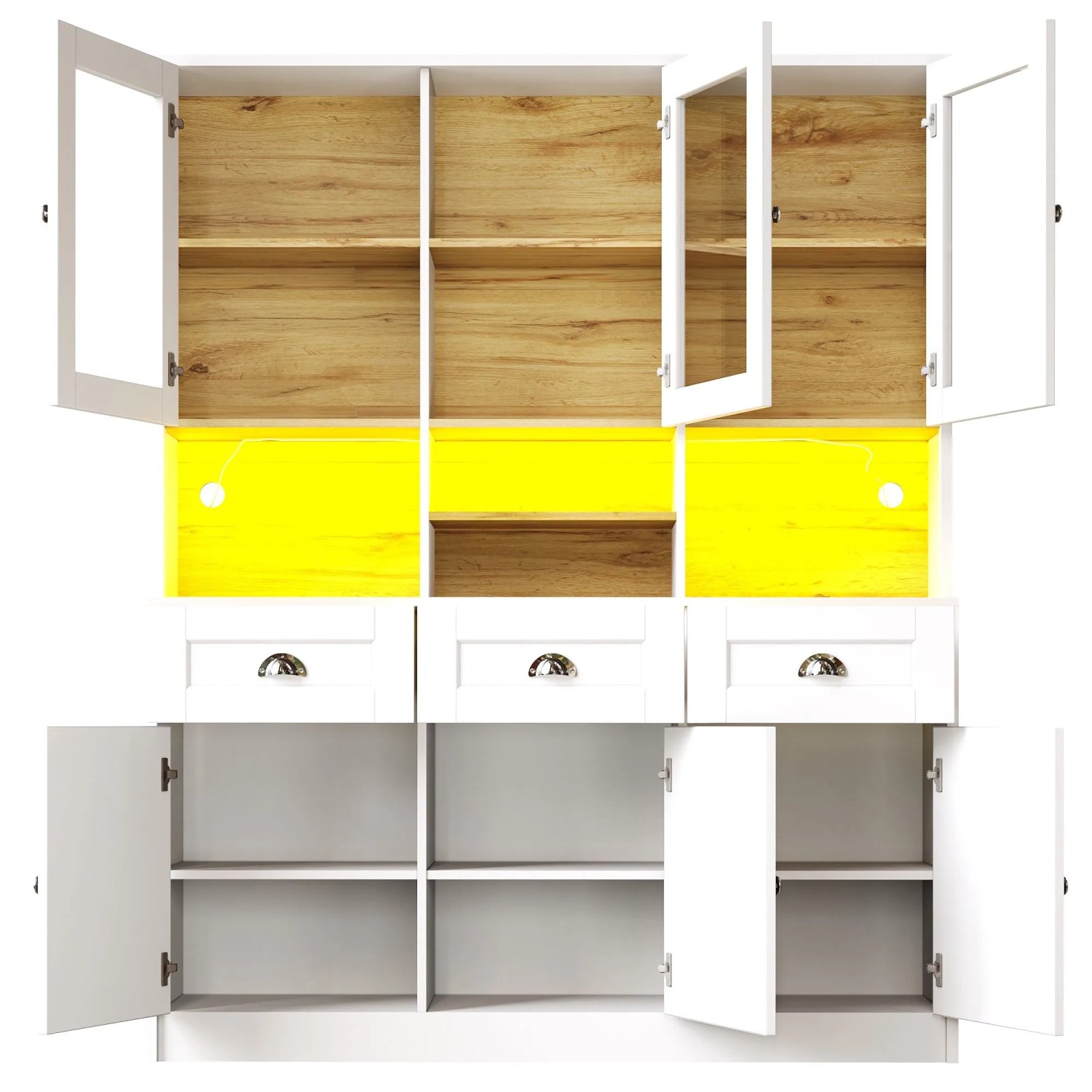okwish Vitrinenschrank mit LED-Beleuchtung Verstellbare Ablagen Küche 140x40x175cm Weiß