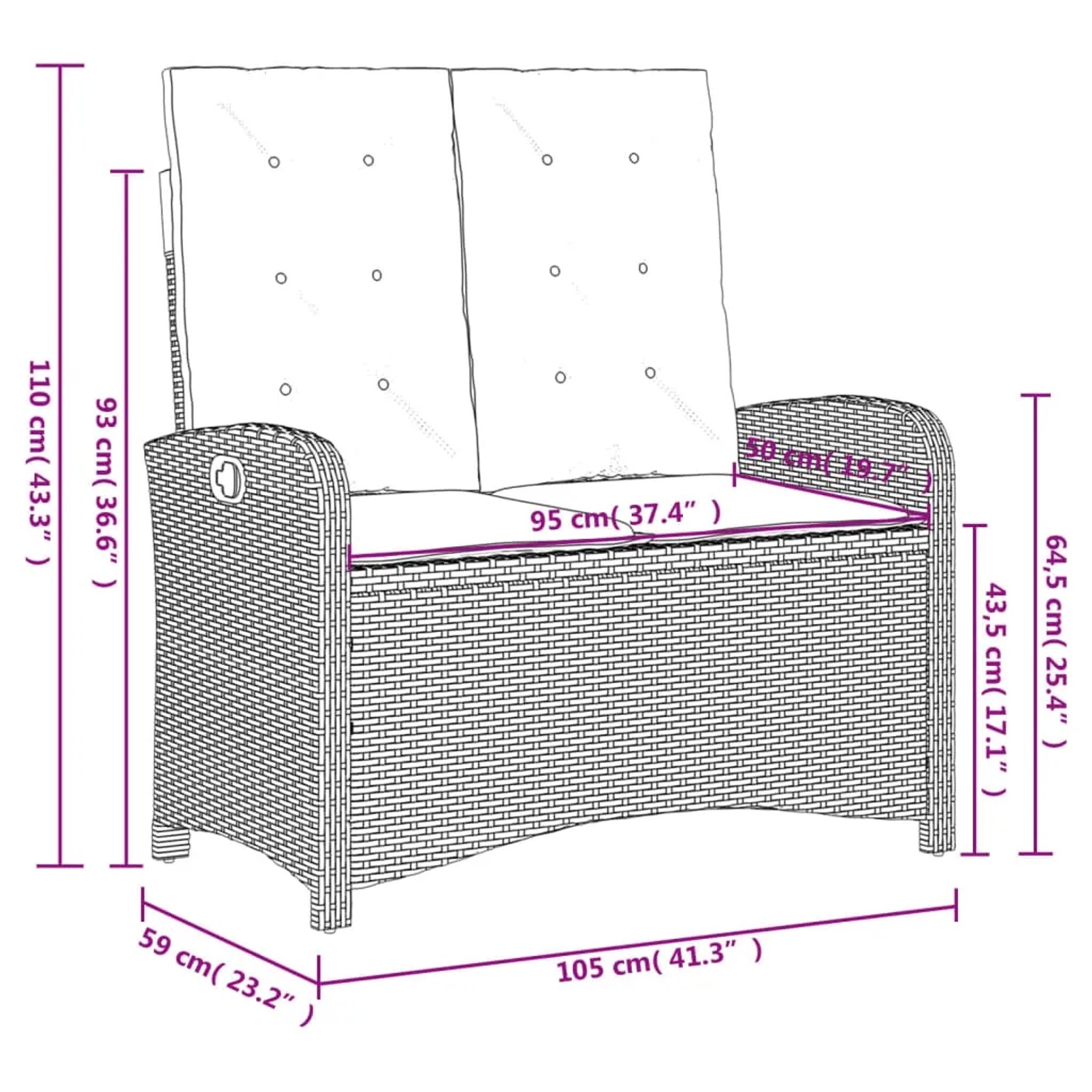 Verstellbare schwarze Gartenbank aus Poly Rattan mit Kissen, 105x59x93 cm. Relaxmöbel für Garten und Terrasse.