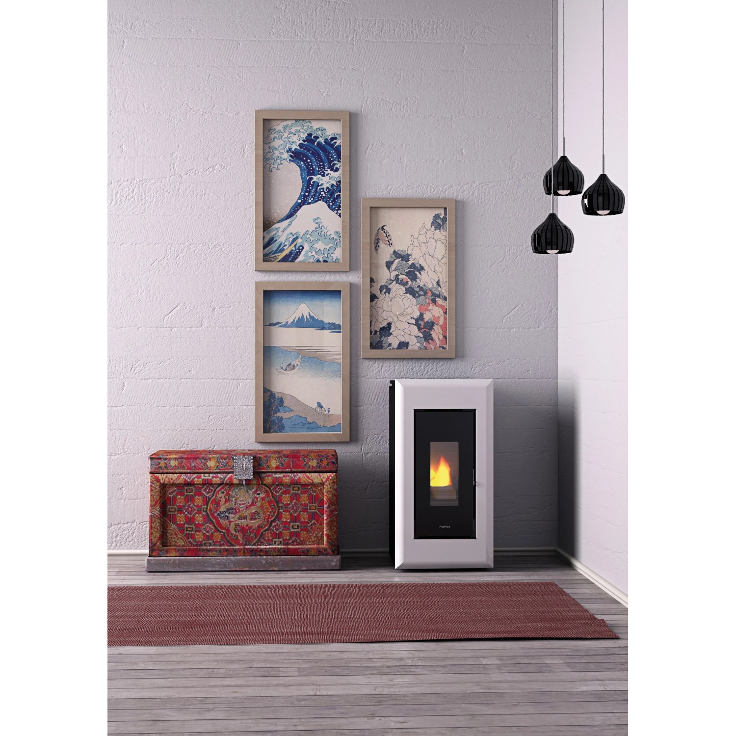 Weißer Freepoint Pelletofen Vega 10,5 kW mit Automatik und Flamme im Wohnraum.
