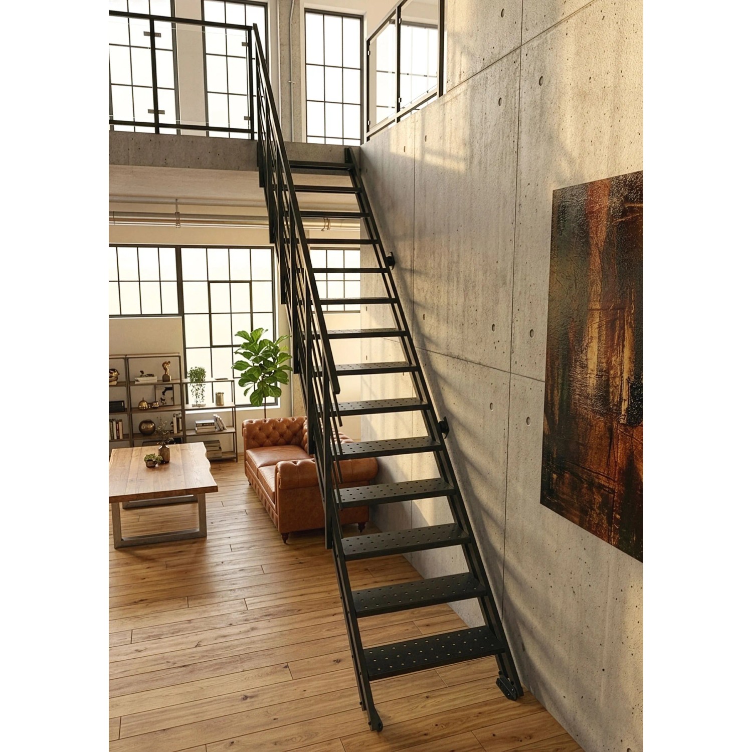 Schwarze Minka Raumspartreppe Flex aus Stahl mit 14 Stufen in modernem Loft. Ideal für Innentreppen und Galerien.