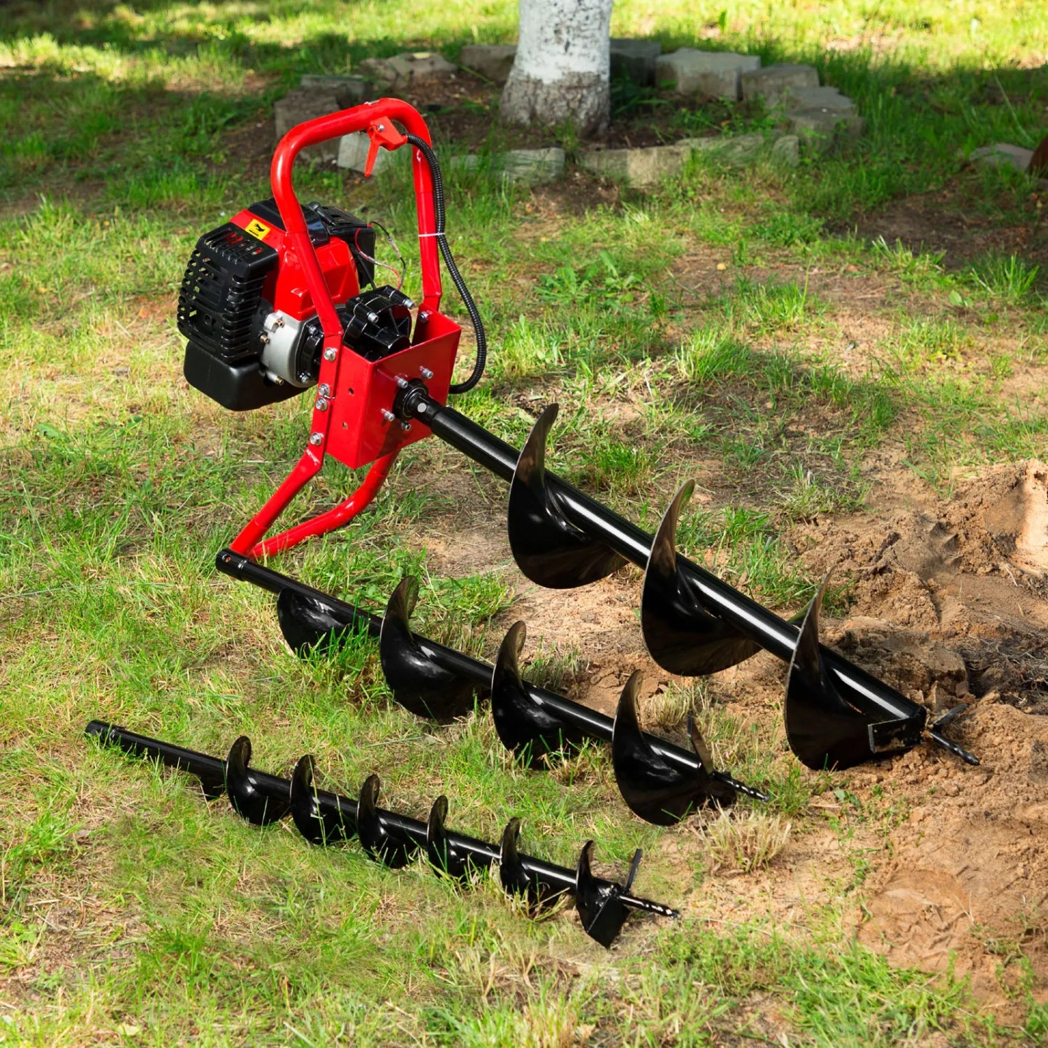 EBERTH Benzin Erdlochbohrer mit drei Bohrern (100, 150, 200mm) für Baumaschinen.