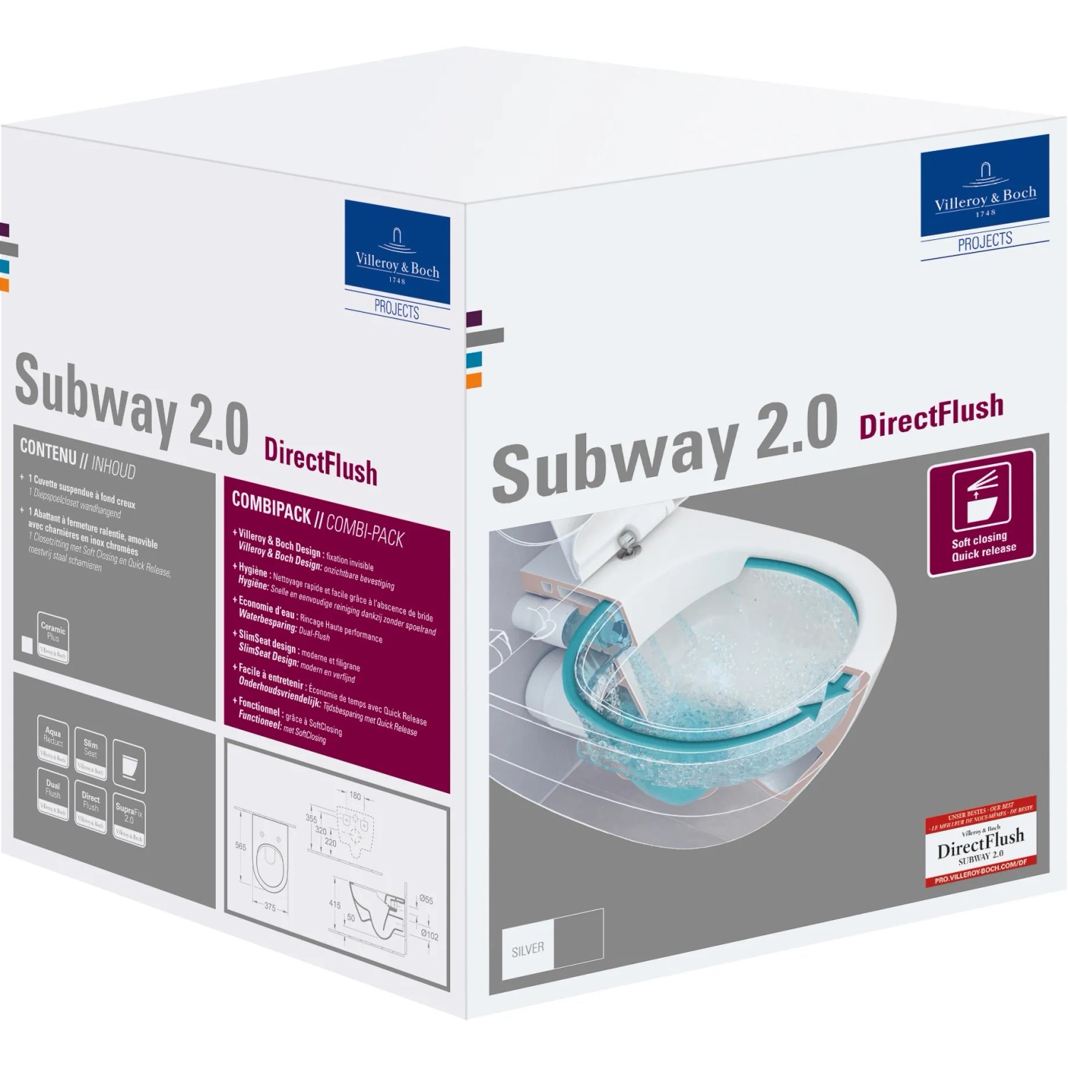 Verpackung des Villeroy & Boch WC-Sets Subway 2.0 mit spülrandlosem WC und WC-Sitz.