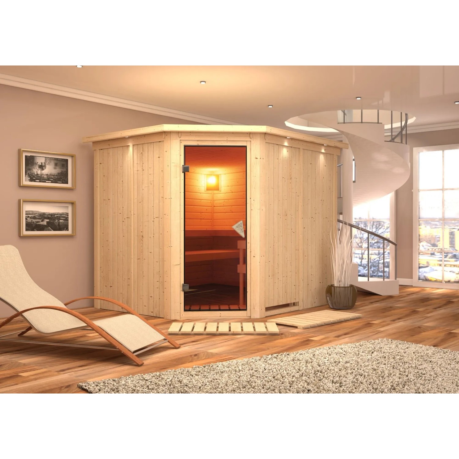 Karibu Sauna mit Ofen intergrierte Stg.LED-Dachkranz Natur