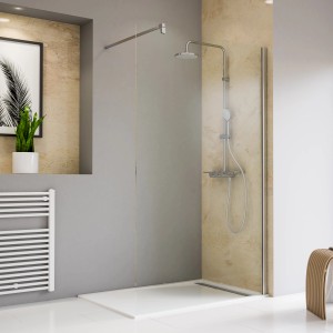 Schulte Walk-In Dusche Toura 90x200cm mit Glaswand und Duscharmatur im Badezimmer.